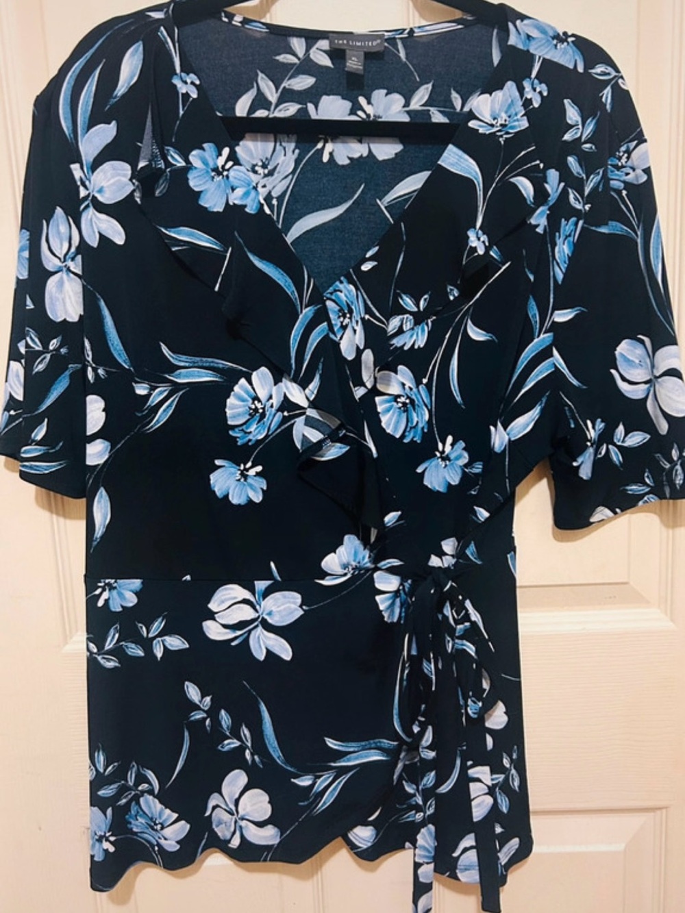 The Limited Navy Wrap Blouse with Blue & White Floral Print